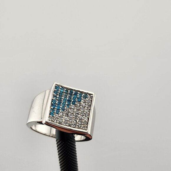 Elegant Square Design Sterling Silver Ring – Blue & White CZ (Brand New)